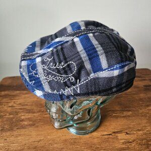 True Religion Distressed Patchwork Embroidered Blue Plaid Newsboy Cabbie Hat‎